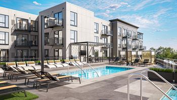a rendering of an apartment building with a swimming pool